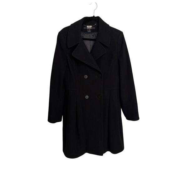 DKNY Coat Womens Size 10 Black Double Breasted Peacoat Mid Length Wool Cashmere - Picture 1 of 5